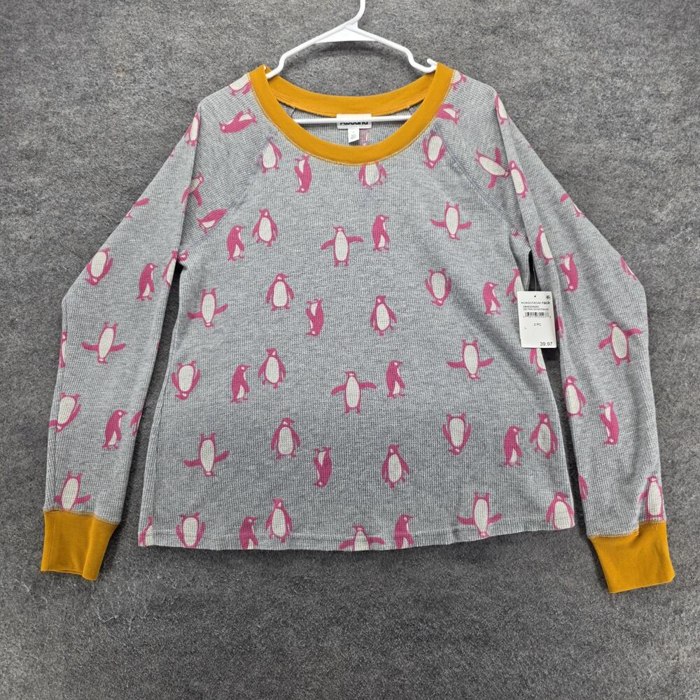 Abound T-Shirt Womens L Gray Penguin Thermal Waffle Long Sleeve Crew Cozy